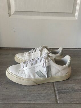 Veja White Leather Low-Top Sneakers with Light Blue V